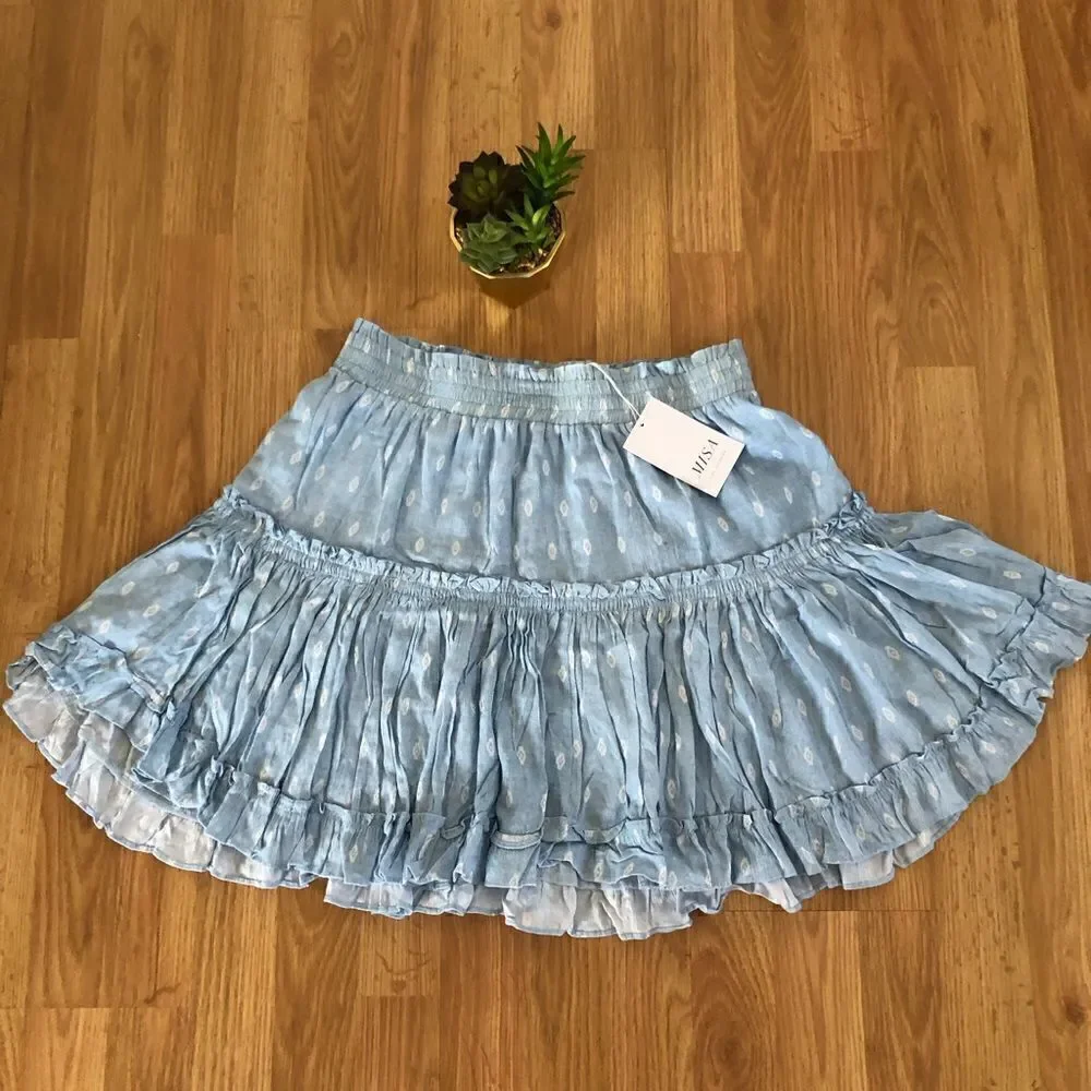 NWT MISA Los Angeles Marion Chambray Blue Tiered Ruffle Mini Skirt